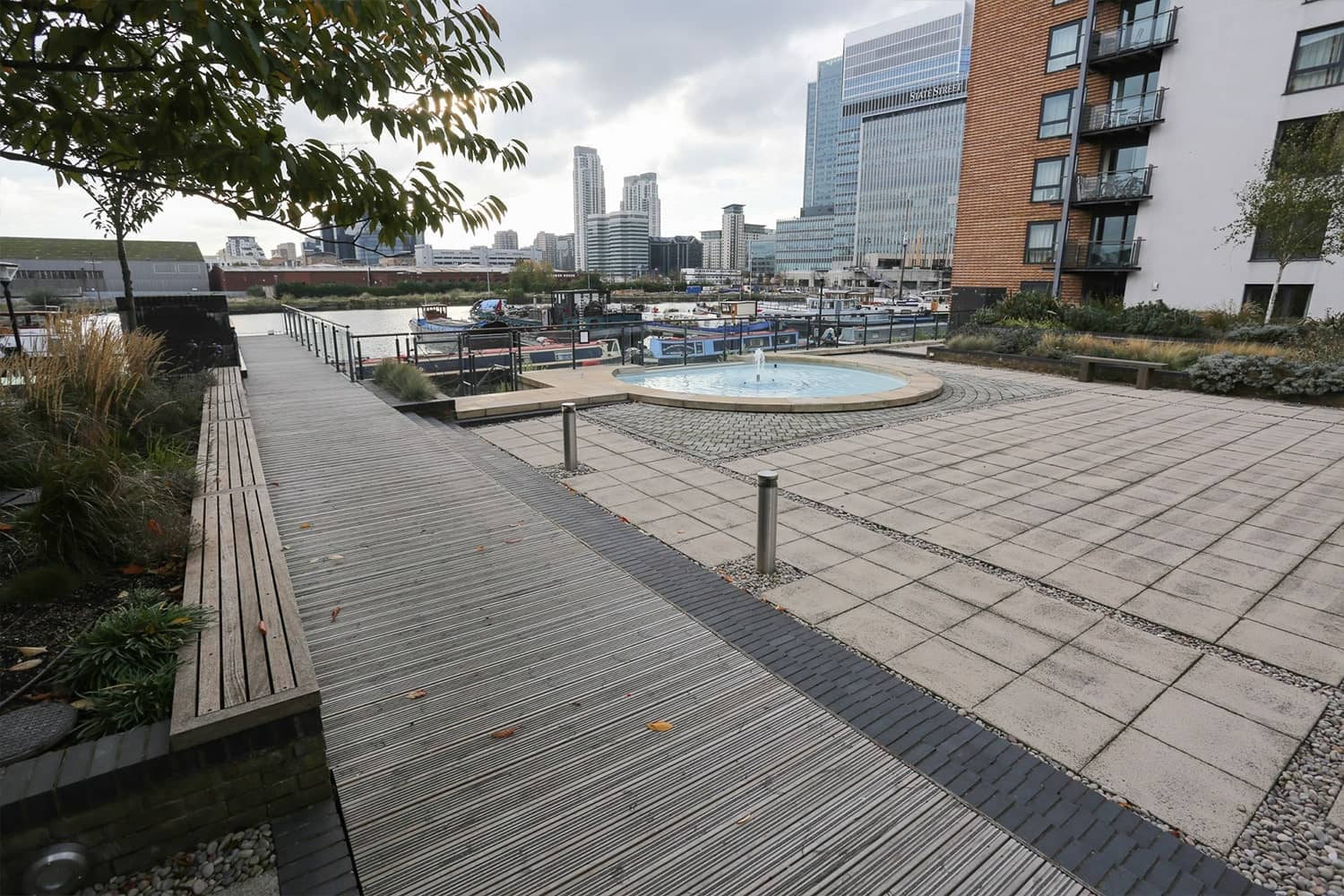Gripsure anti-slip decking used for public outdoor space in Canary Wharf