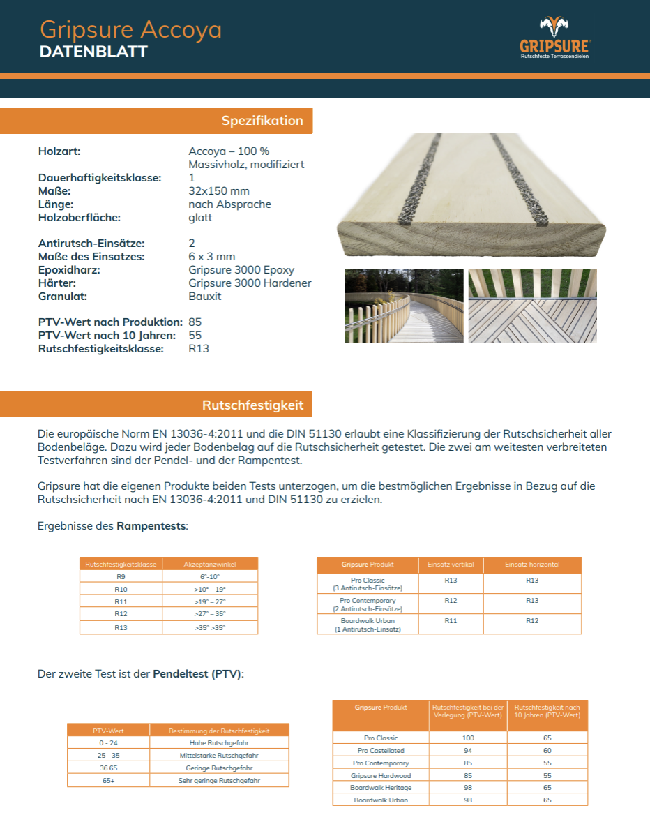 Technische Spezifikation für rutschfeste Accoya®-Terrassendielen